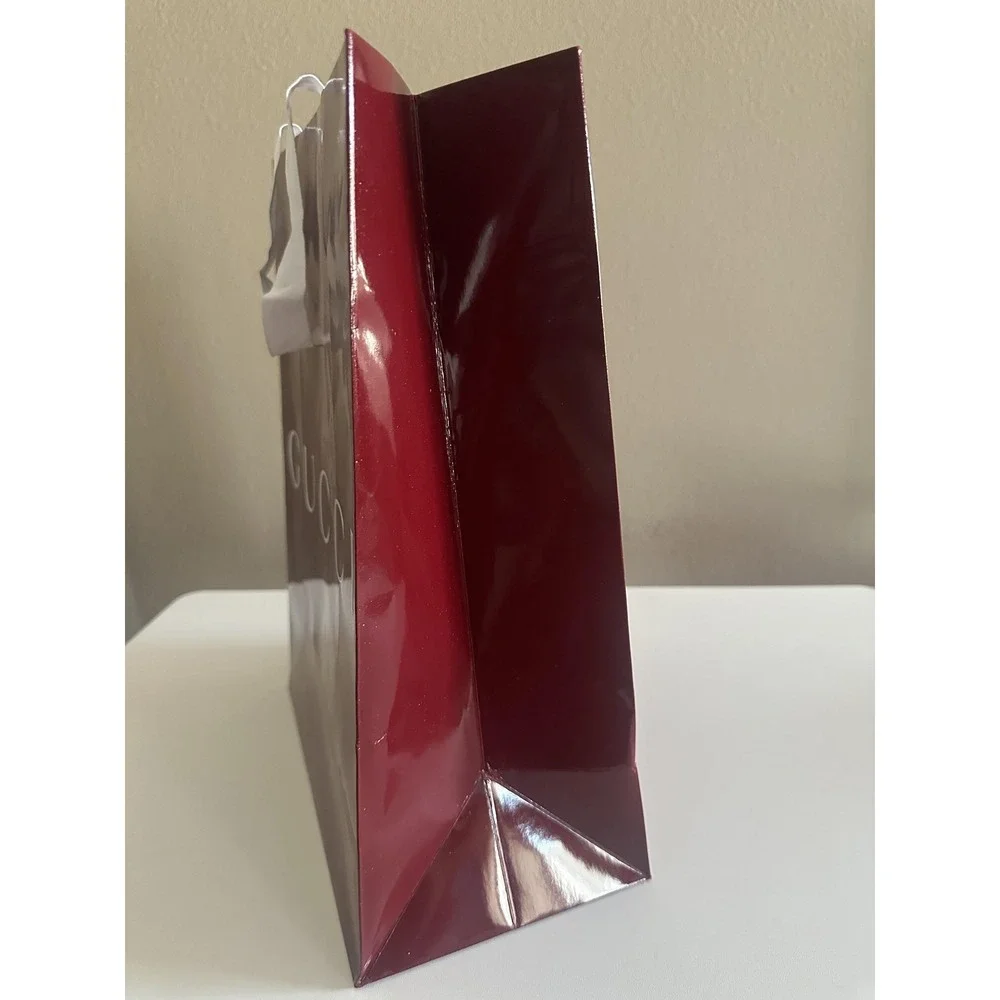 Gucci Store Shopping Gift Bag Burgundy Glossy Paper‎ Large White Ribbon Handles